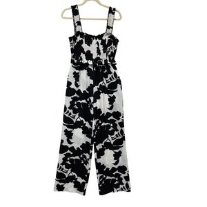 Doe and Rae Womens Black White Floral Smocked Wide Leg Jumpsuit Small 28331R